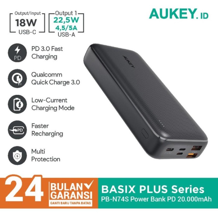 Aukey PB-N74S Powerbank 20000mAh 18W 22.5W 3 Port USB Type A & C