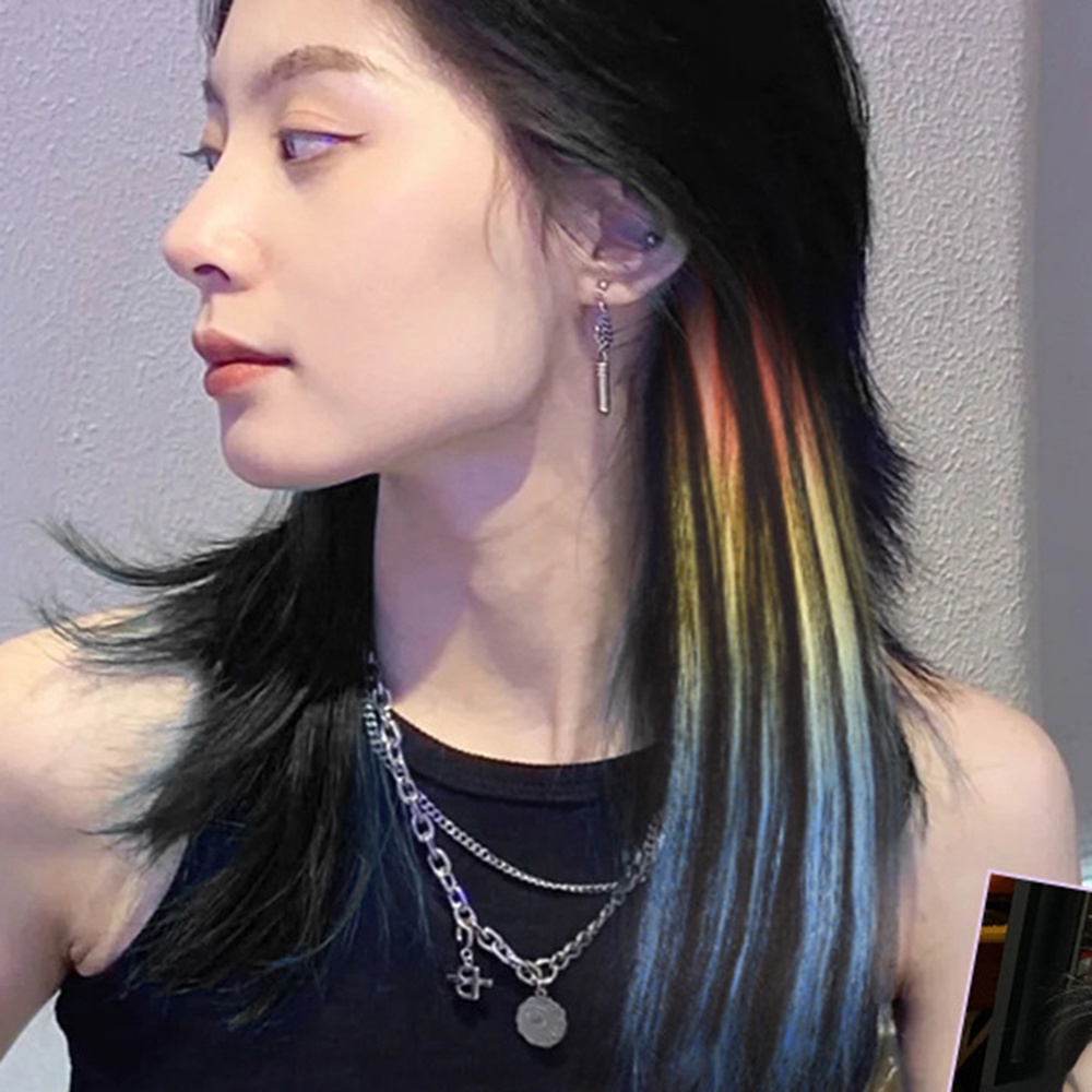 1pc Rainbow Highlight Dyed One-Piece Wig Wanita Gantung Pewarna Telinga Rambut Panjang Wig Aksesoris