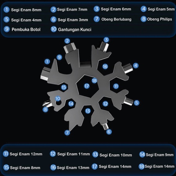 Kunci salju 18in1 multi tool pocket tool 18in1 snowflake tool gantungan kunci multifungsi