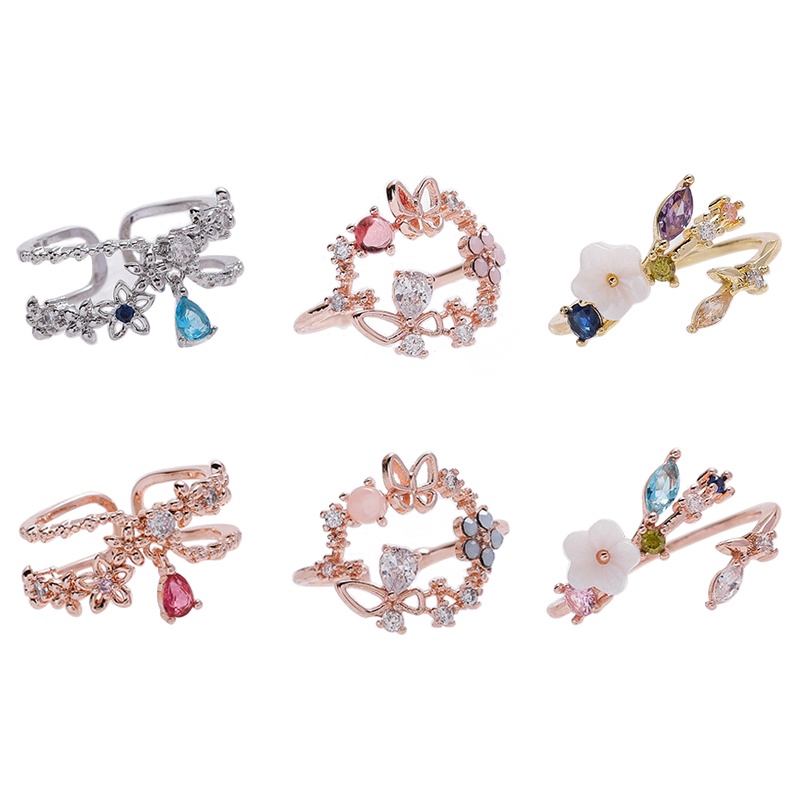 Xiaoboacc Micro Inlay Berlian Zirkon Terbuka Cincin Untuk Wanita Fashion Cinta Bunga Jari Telunjuk Ring