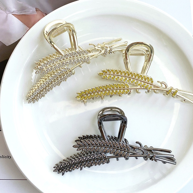 Peasonalized Golden Wheat Hair Claw Elegan Panjang Tebal Geometris Ponytail Holder 1 Pc Vintage Berlian Imitasi Alloy Jepit Rambut