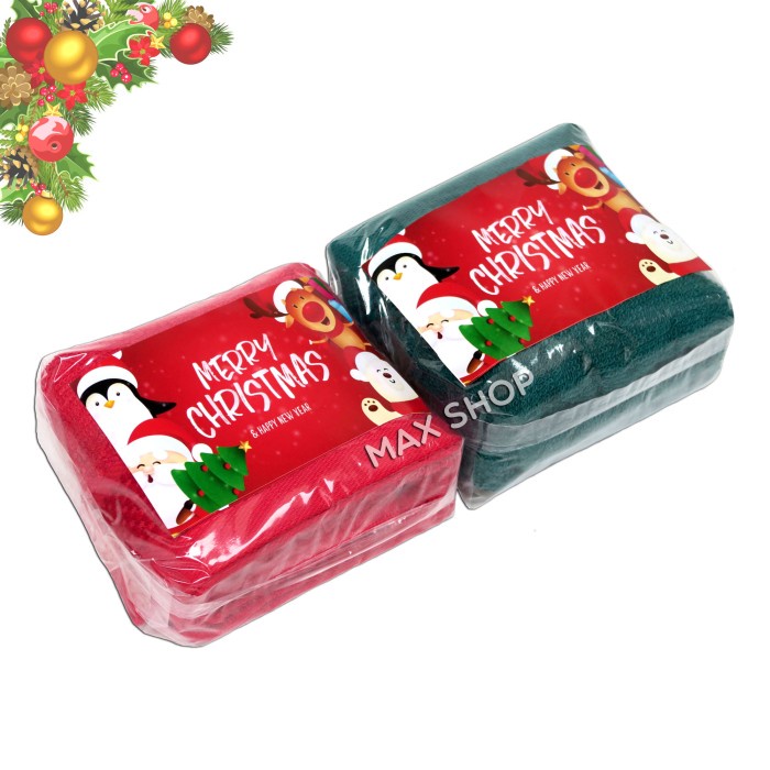 

ARS04 Handuk Merah - Hijau Souvenir Natal - Bingkisan Merry Christmas Santa - 30x30 cm, Plastik