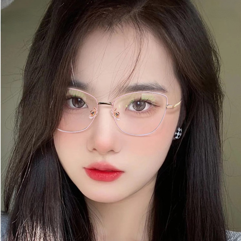 (YUZHU) Vintage Fashion Metal Cat Eye Eyeglasses Lensa Yang Dapat Diganti Kacamata Bingkai Kecil Untuk Wanita