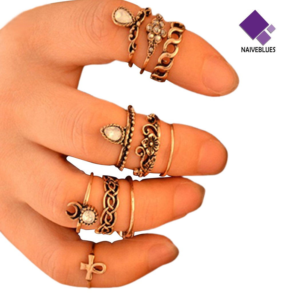 &lt; Naiveblues &gt; 10Pcs/Set Cincin Jari Buku Jari Vintage Anti Karat Bunga Hollow Wanita Untuk Camping