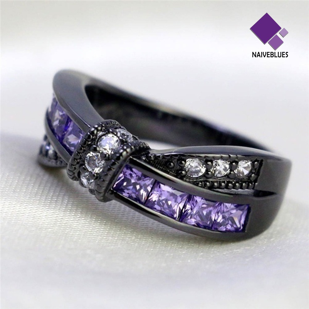 &lt; Naiveblues &gt; Fashion Wanita Faux Amethyst Hias Silang Ikatan Simpul Pertunangan Cincin Hadiah