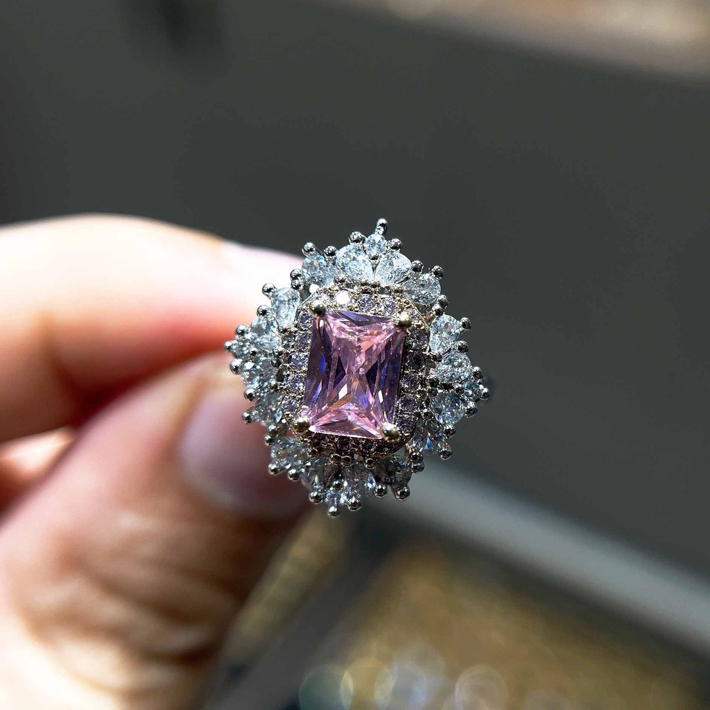 Goldkingdom Fashion Perhiasan Aksesoris Ready Stock Zamrud Permata Cincin Caibao Berlian Kuning Terang Penuh Berlian Perempuan Cincin Pink Kristal Cincin