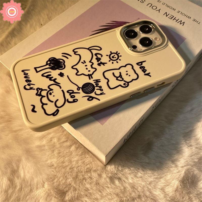 Graffiti Love Heart Cute Cat Dog Phone Case Kompatibel Untuk IPhone XR 7Plus 8Plus 8 7 Plus X11 13 14 12 Pro Max XS Max Beruang Lucu Hamburger Bunga Logam Bingkai Lensa Soft Cover