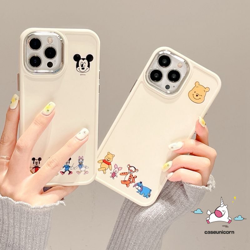 IPHONE Casing Frame Lensa Logam Plating Mewah Kompatibel Untuk Iphone14 11 12 13 Pro MAX X XR 7 8 Plus XS MAX Pasangan Caroon Lucu Disney Mickey Minnie Mouse Winnie The Pooh Bear Soft Cover