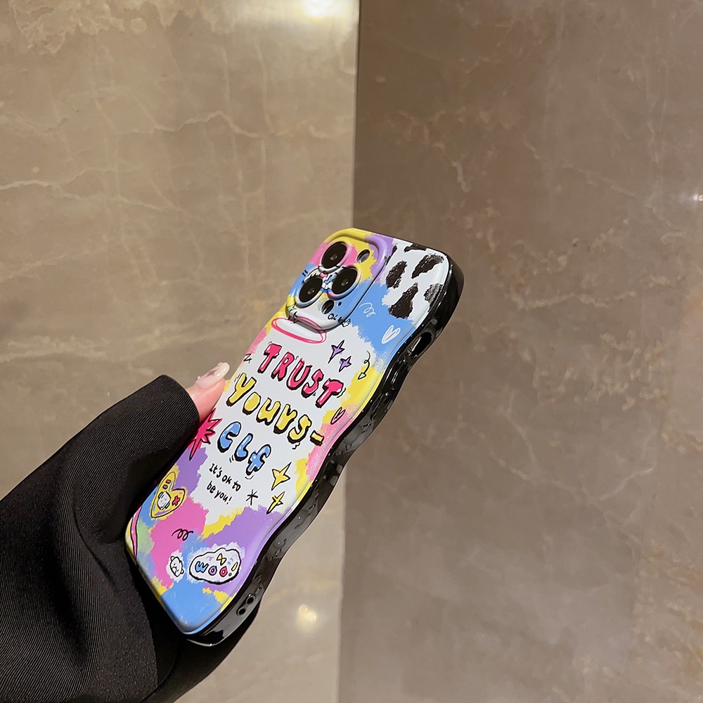 IPHONE Ins Anak Warna Graffiti Bergelombang Tepi Silikon Case Untuk Iphone14 11 12 13 PRO MAX Casing Cover Pelindung AT0275