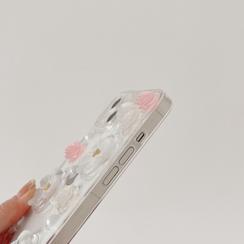 【Crystal resin】3D So Pretty Pink Pearl Flower Soft Case IPhone 7 8 Plus XR XS Max 11 12 13 14 Pro Max 14 Plus for Women Girl Gift