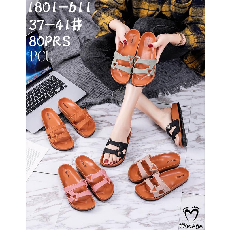 Sandal Slop Birken Karet PCU Ban 2 Motif Gesper Segitiga MKY 1801-b11 37-41