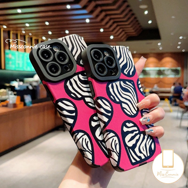 IPHONE Casing Ponsel Cinta Hati Motif Zebra Untuk Iphone11 14 13 12 Pro Max7 8 Plus X XR XS Max 7Plus Mewah Tekstur Kulit Shockproof Silikon Lembut Tpu Cover