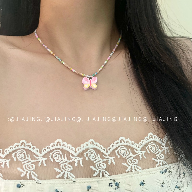 Fashion Pink Kupu-Kupu Liontin Kalung INS Warna Manis Manik-Manik Kalung Bohemian Etnik Panjang Kalung Perhiasan Hadiah