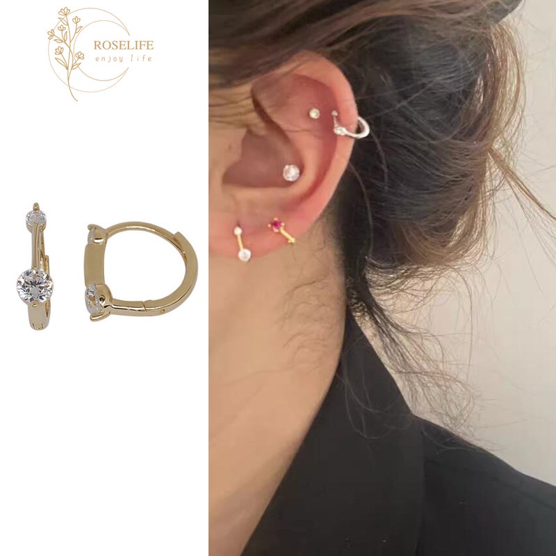 Roselife14k Emas Ganda Kristal Lingkaran Kecil Hoop Earrings Untuk Wanita Gadis Elegan Geometris Bulat Zirkon Anting-Anting Korea Fashion S925 Perak Telinga Perhiasan Hadiah