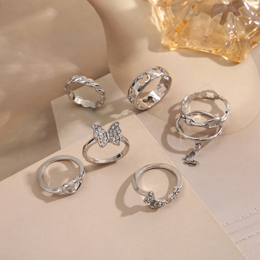 Ifyou 7Pcs/Set Pribadi Kupu-Kupu Berongga Jantung Cincin Set Kristal Perak Rings Untuk Wanita Perhiasan Aksesoris