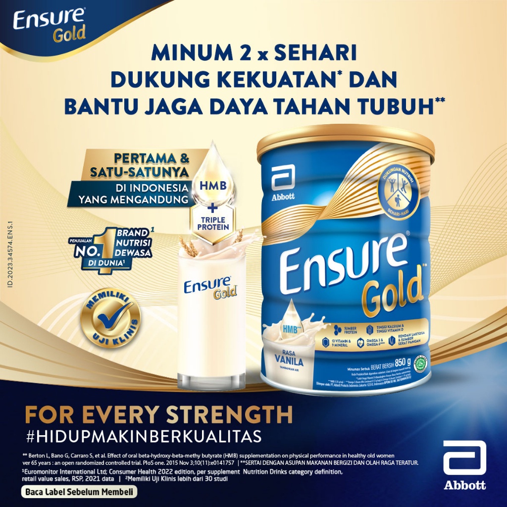 

Ensure Gold HMB Vanila 850 g - Susu Nutrisi Dewasa Rendah Laktosa - 5 pcs