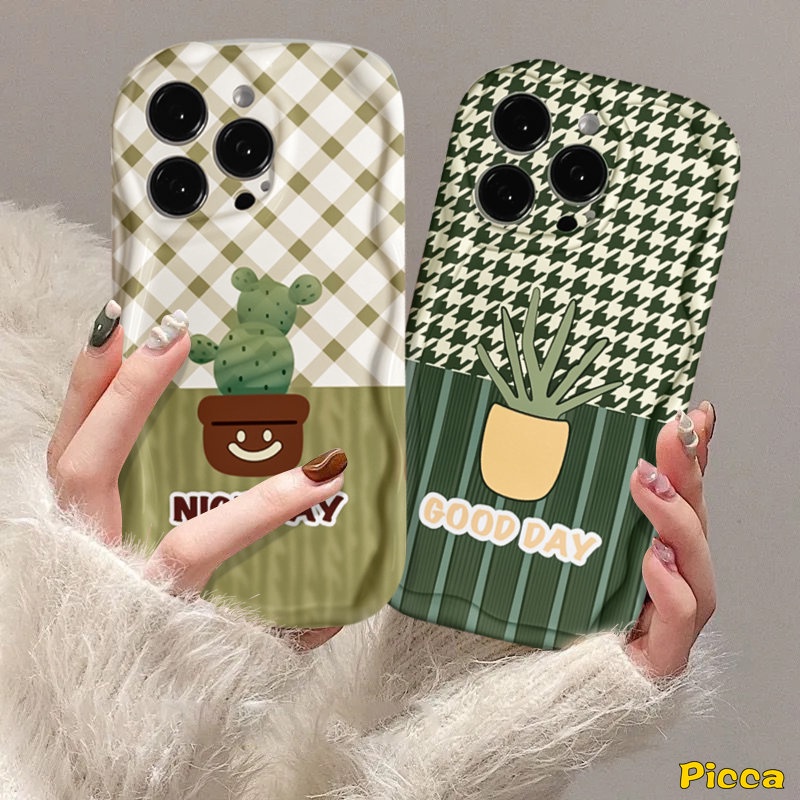 IPHONE Casing Tepi Melengkung Bergelombang 3D Kompatibel Untuk Iphone11 14 13 12 Pro Max XR 6.6s 7-8 Plus X XS Max SE 2020Fresh Pot Tanaman Kaktus Kisi Pola Casing Tpu Lembut Penutup Belakang