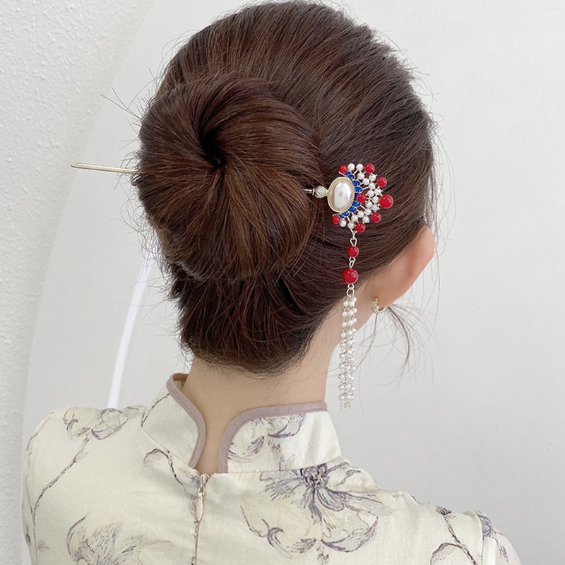 Gaya Etnik Huadan Hanfu Antik Mutiara Rumbai Temperamen Jepit Rambut Elegan