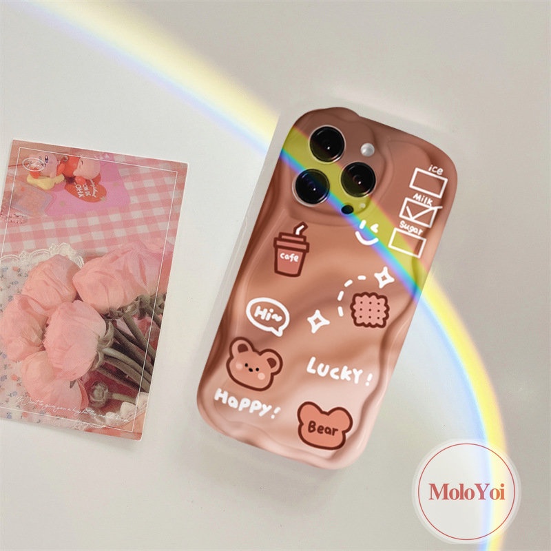 IPHONE Smiley Coffee 3D Wavy Curved Edge Glossy Case Kompatibel Untuk Iphone11 12 13 14 Pro Max XR X XS Max 7Plus 8 6s 6 7 Plus SE 2020 Lucu Kartun Beruang Gradien Telepon Tpu Soft Cover