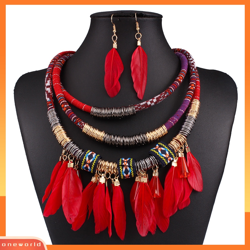 [ONE] 2 Pcs Bulu Rumbai Pesona Multilayer Choker Lady Statement Kalung Anting Set