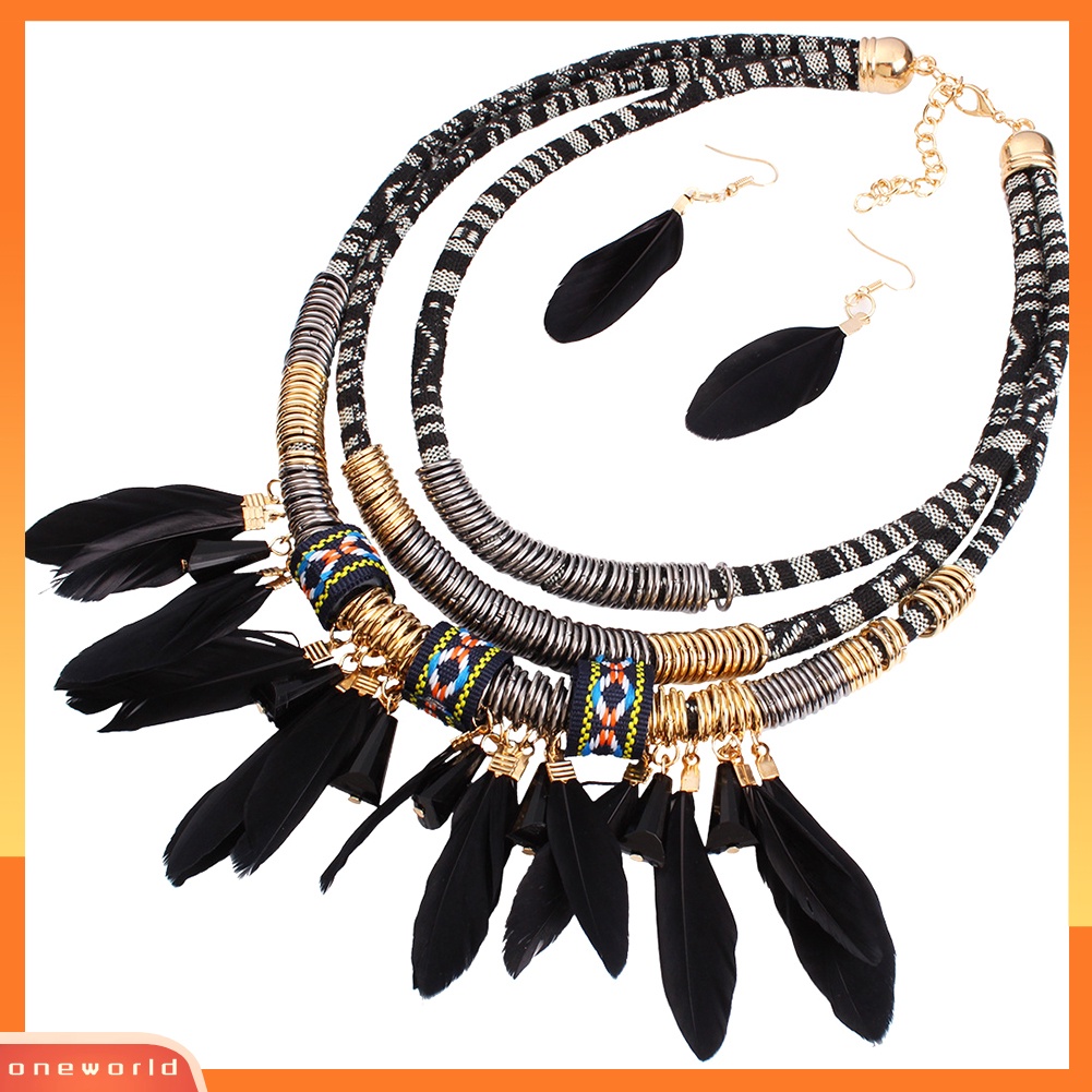 [ONE] 2 Pcs Bulu Rumbai Pesona Multilayer Choker Lady Statement Kalung Anting Set