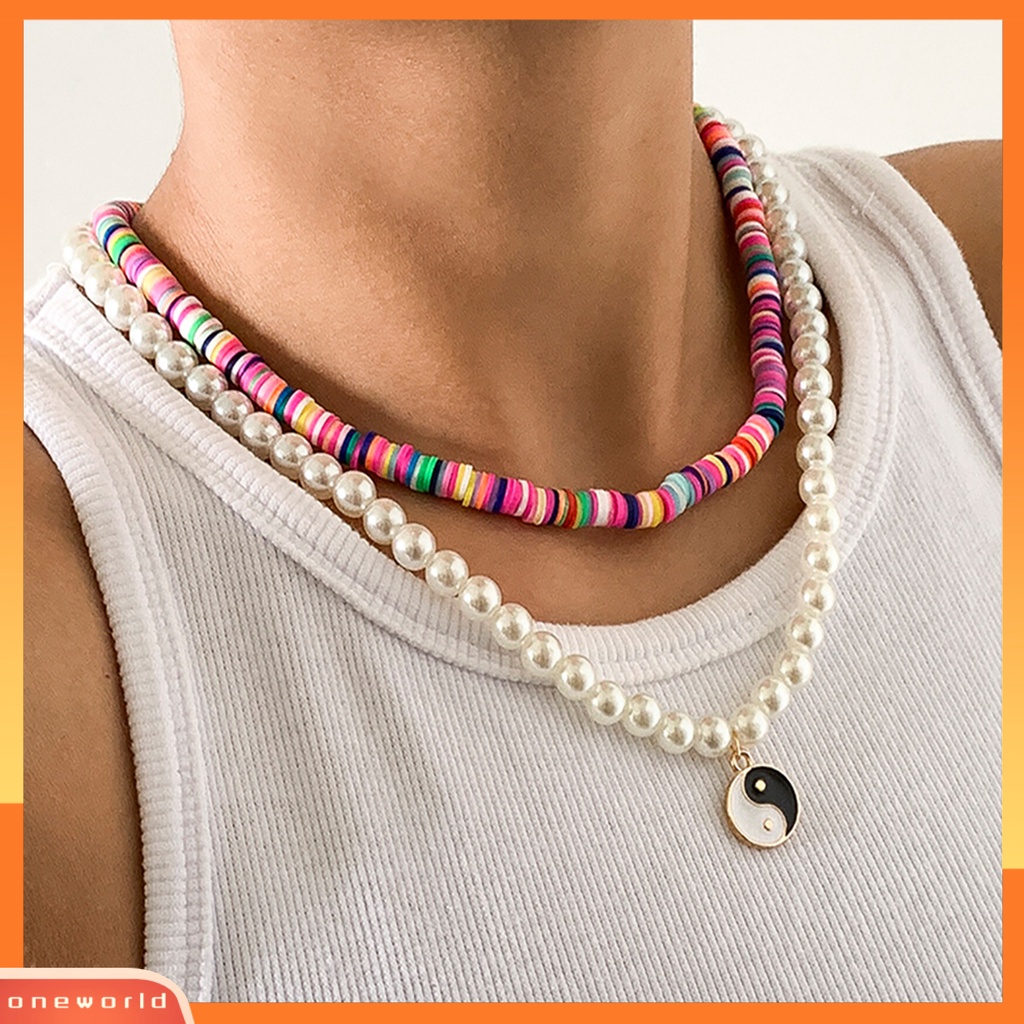 [ONE] 2pcs Wanita Kalung Manik-Manik Warna-Warni Motif Tai Chi Liontin Perhiasan Vintage Chokers Adjustable Untuk Pesta