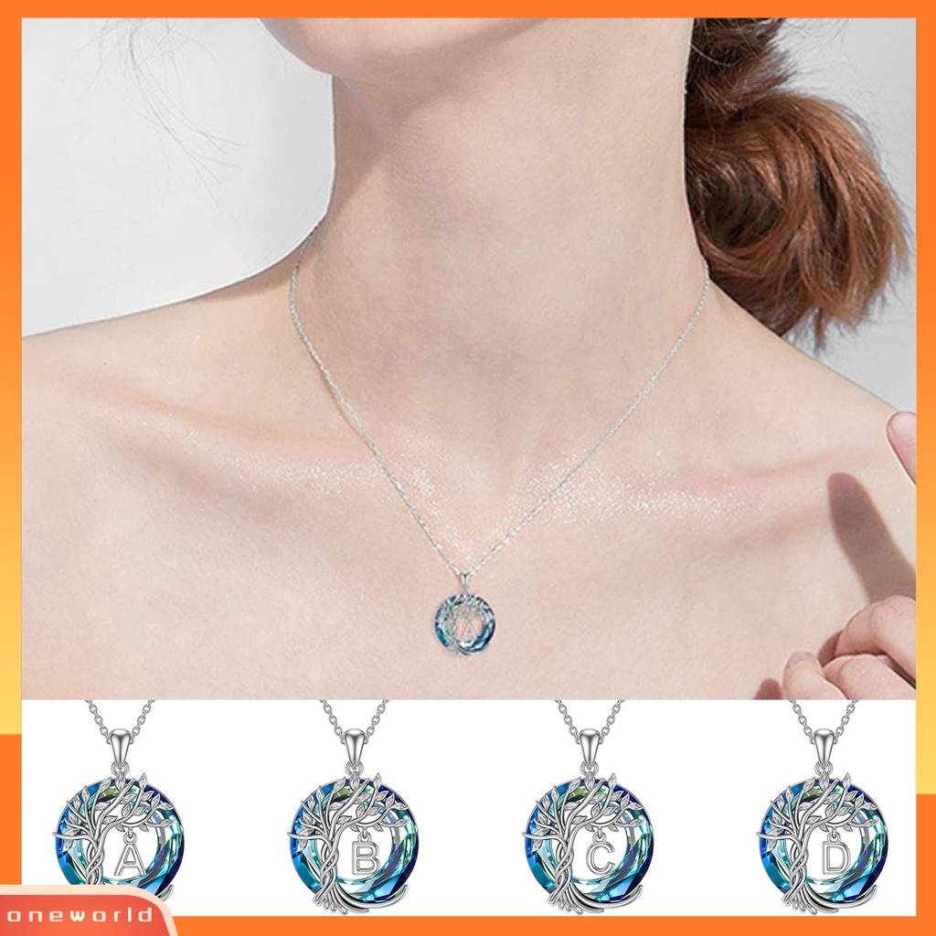 [ONE] Wanita Kalung Hollowed-out Imitasi Lingkaran Kristal Silver Disepuh A-Z Huruf Inisial Pohon Kehidupan Kalung Rantai Untuk Pacaran
