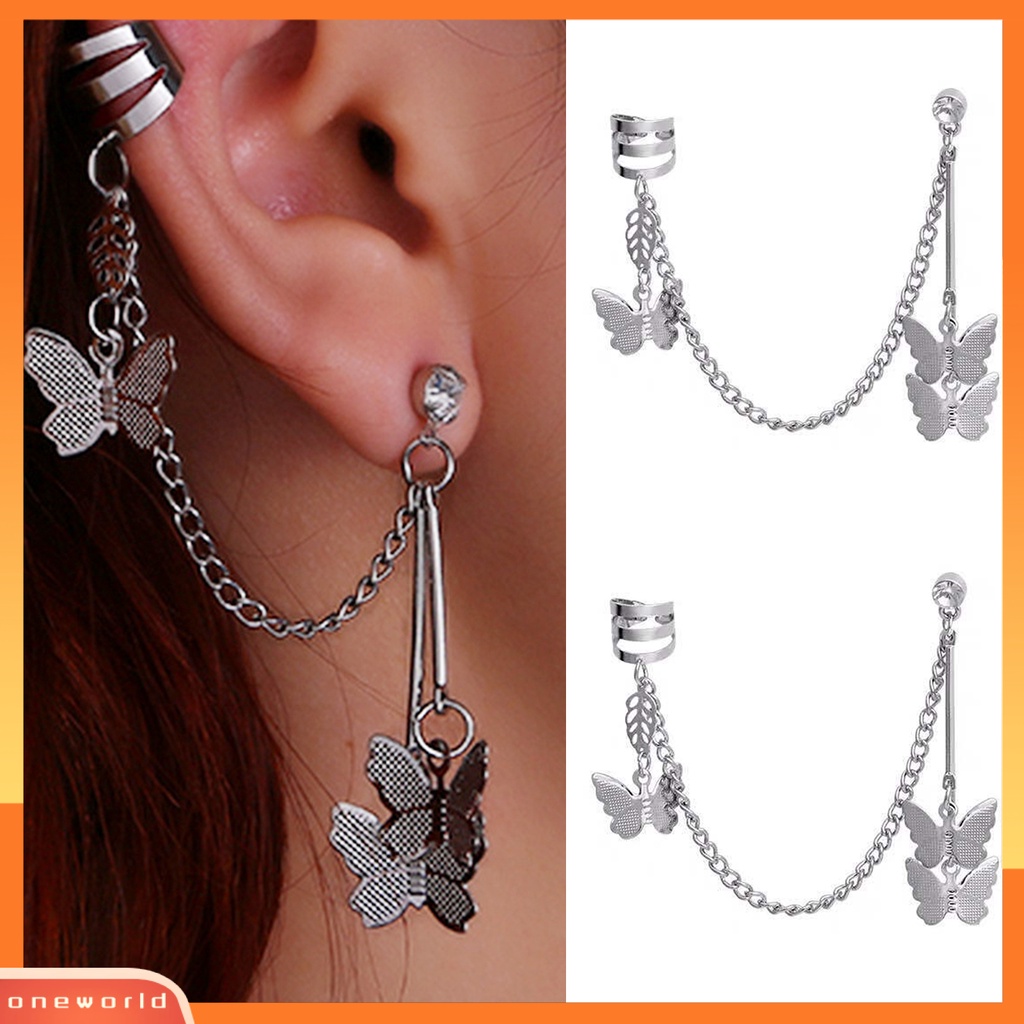 [ONE] 1pasang Kupu-Kupu Wanita Anting Keren Punk Warna Perak Link Rantai Tulang Rawan Klip Anting Fashion Perhiasan Hadiah