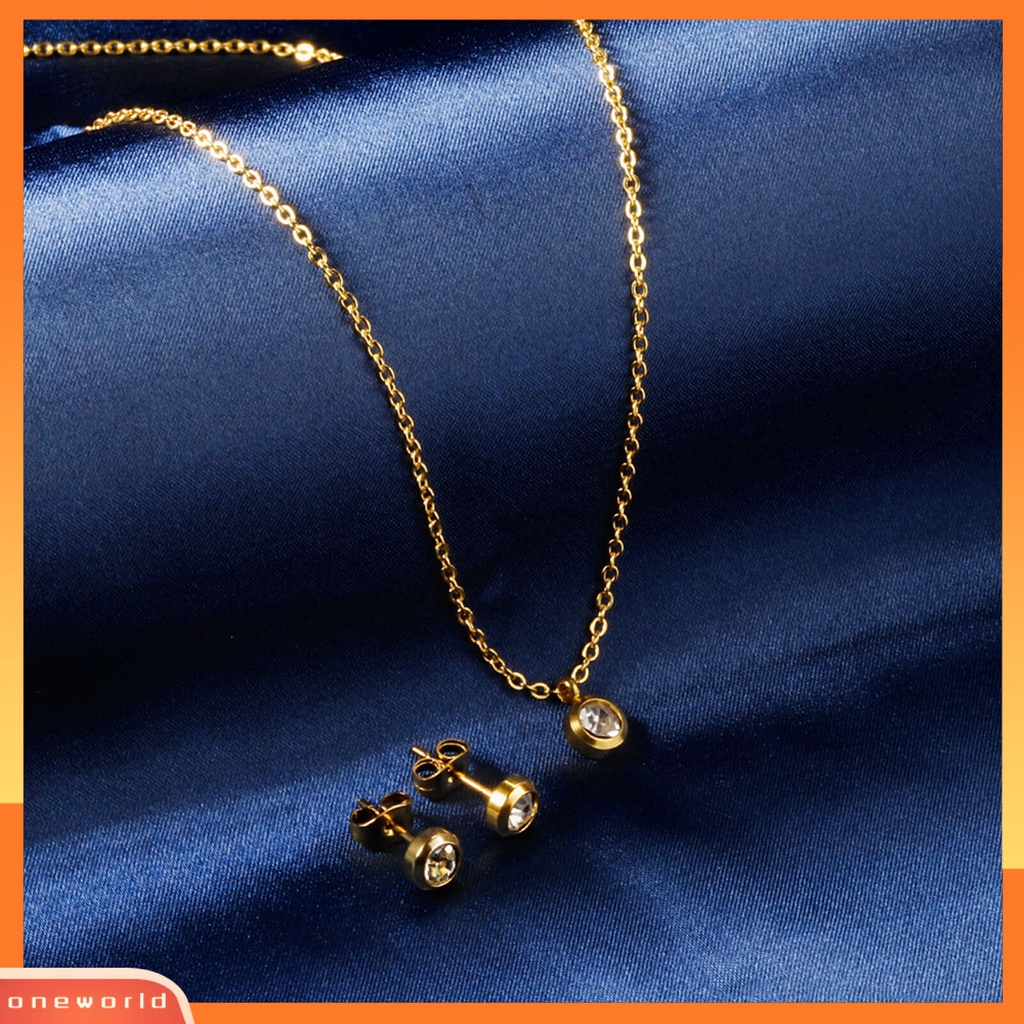 [ONE] 1set Kalung Anting Dengan Gaya Klasik Minimalis Liontin Bulat Set Perhiasan Untuk Wanita Kalung Dan Anting Kristal Imitasi