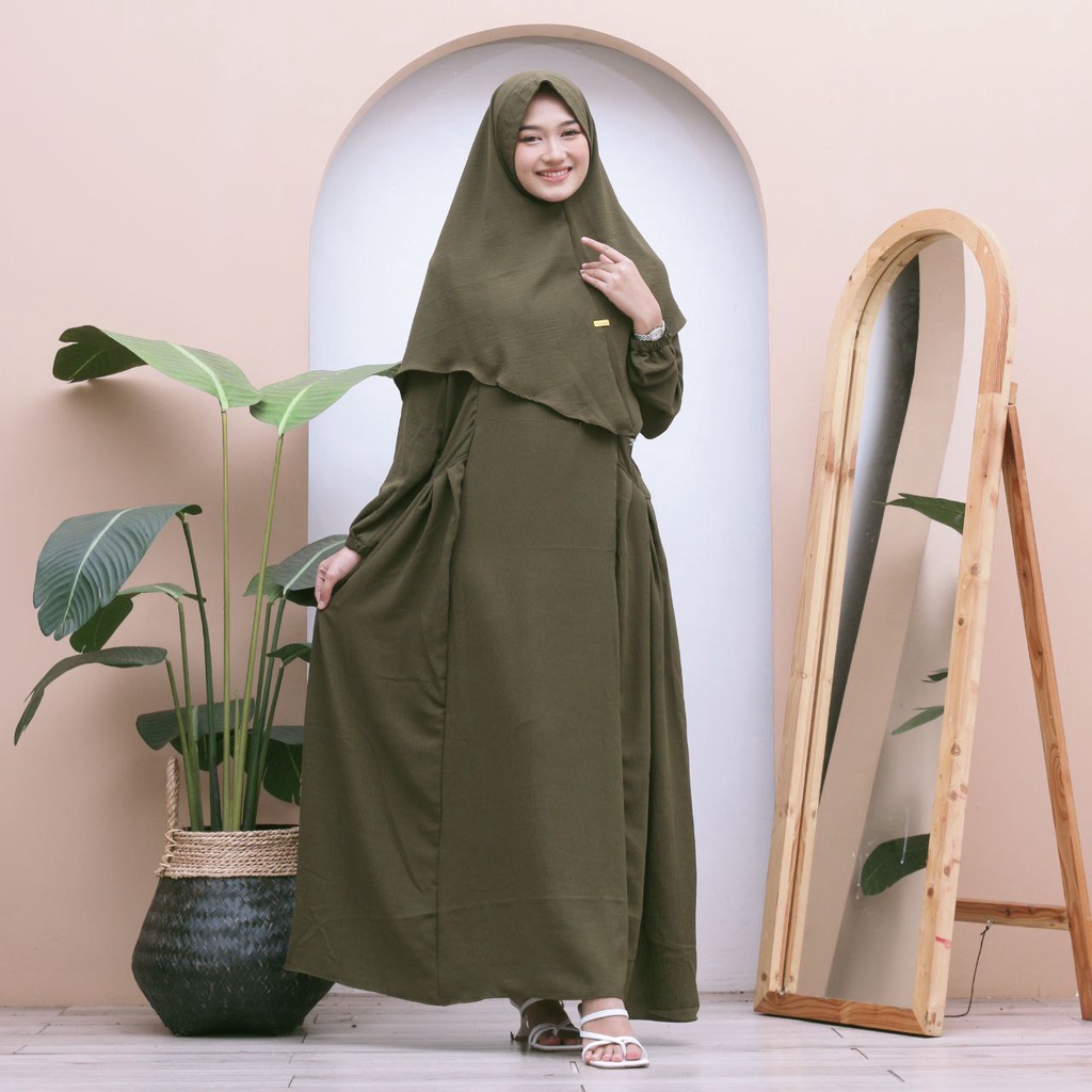 Aleena Set Gamis Bergo One Set Wanita Crinkle Airflow Setelan Wanita Setelan Wanita Gamis Bergo Pet Lengan Panjang Set Baju Muslim Kekinian LD 110 cm