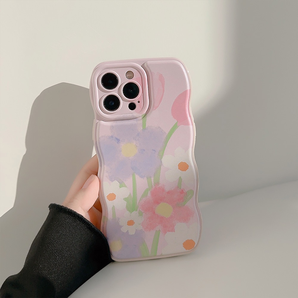 IPHONE Musim Panas Light Pink Floral Flowers Wave Shaped Full Protection Phone Case Lembut Sarung Pelindung Untuk Iphone11 12 13 14 PLUS PRO MAX