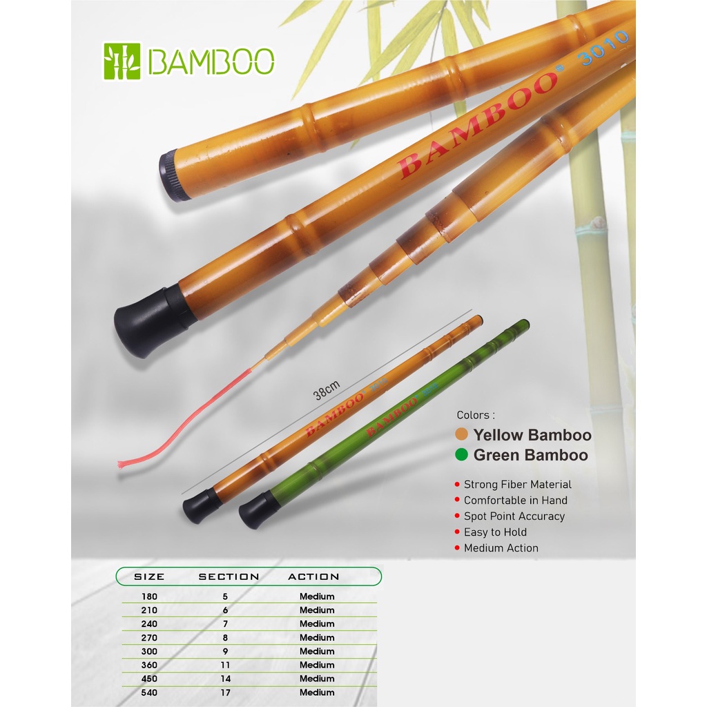 Tegek Pancing Bamboo Ruas Pendek 40cm (180cm - 540cm) Hijau Motif Bambu Murah - Engkus Fishing