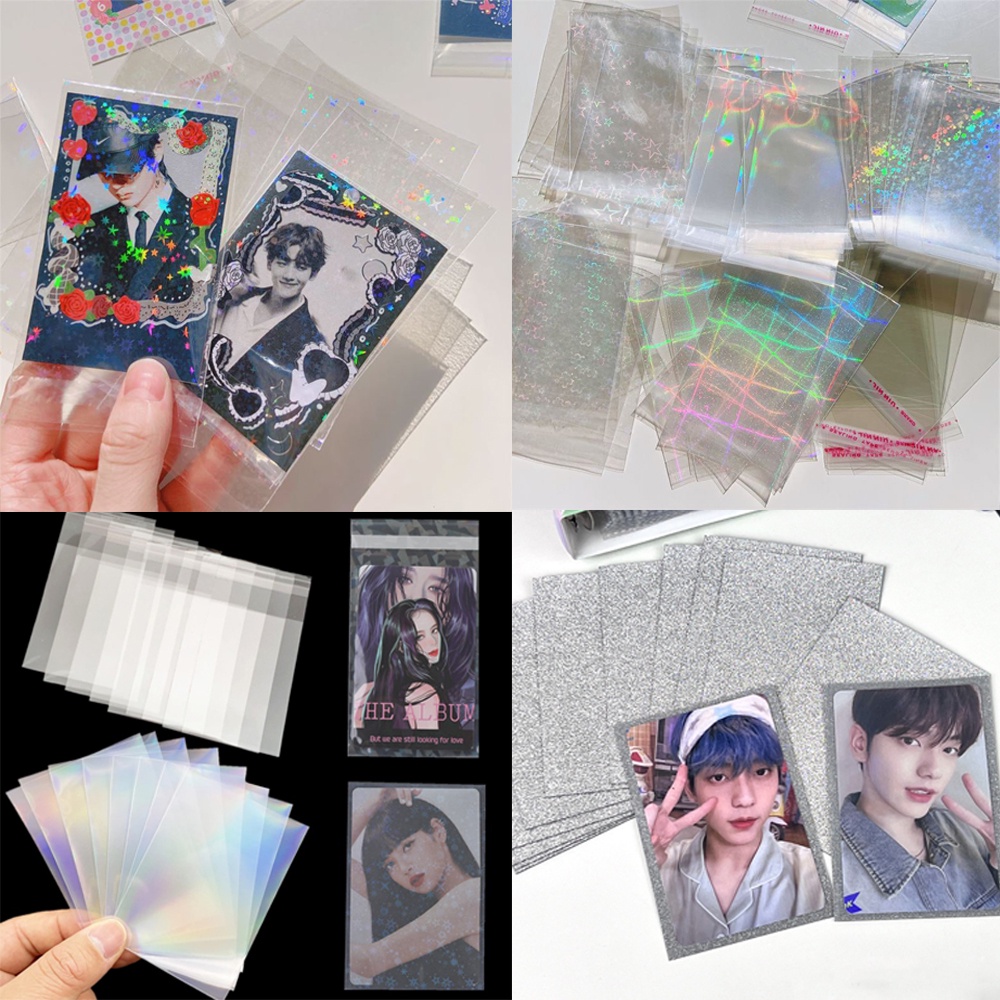 50pcs Transparan Laser Card Sleeves Flashing Card Film Seal Hologram Pelindung Untuk Kpop idol Photocard Game Card Bags