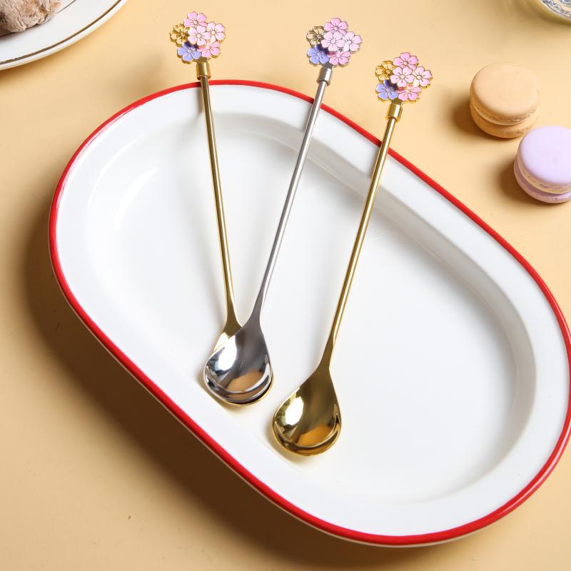 Spoon Stainless Steel Sendok Bundar Kecil Pegangan Bunga Sakura Sendok Pencampur Peralatan Makan Cherry Blossom Sendok Teh Dekorasi Rumah Aksesoris Dapur