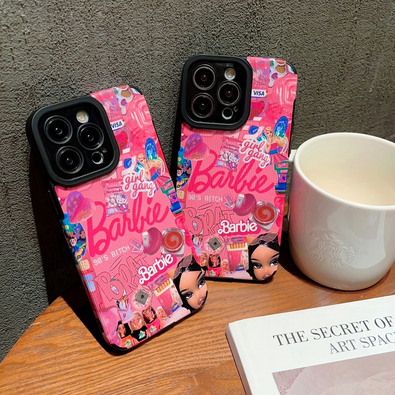 IPHONE Untuk Iphone14 13 12 11 Pro Max X XR XS Max7 8 Plus Kartun Pink Barbie Tekstur Vertikal Kulit Pelindung Soft case