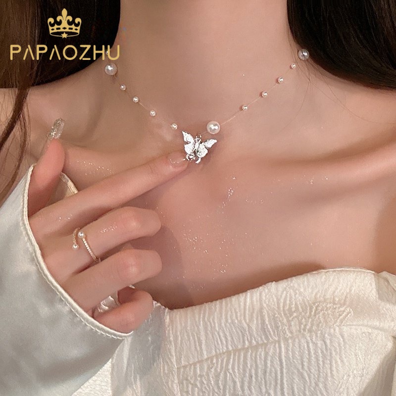 Papaozhu Korea Kecil Besar Mutiara Manik-Manik Rantai Kupu-Kupu Liontin Kalung Untuk Wanita Perempuan Elegan Pesona Tulang Selangka Chain Necklaces Fashion Perhiasan Aksesoris