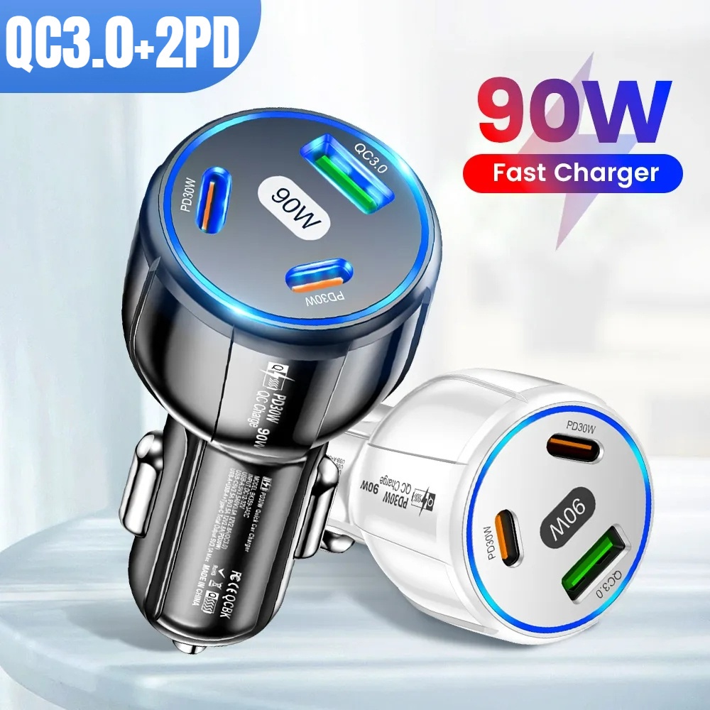 3-port 90W USB PD Charger Mobil PD30W QC3.0 Adaptor Telepon Tipe C Pengisian Cepat Charger Mobil Universal Untuk Ponsel Laptop Tablet Aksesoris Mobil