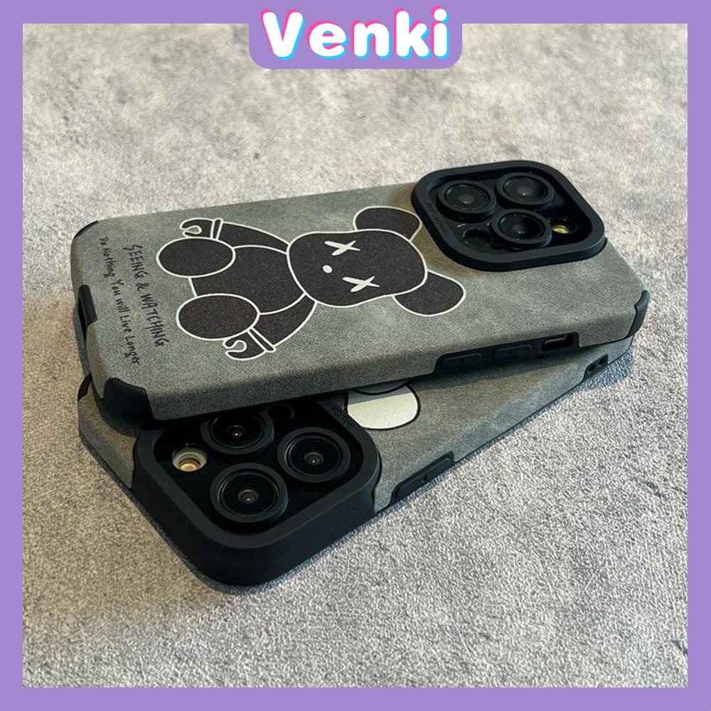 VENKI - Untuk iPhone 11 Case Kulit Kulit Murid Mata Suede Ponsel Case Lembut Tahan Guncangan Airbag Case Protection Camera Simple Bear Kompatibel iPhone 14 13 Pro max 12 xr xs 7 8Plus