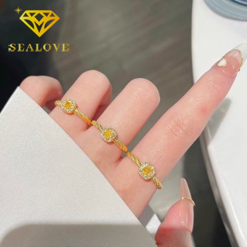 Cincin Titanium Wanita Anti Karat Asli Berlian Kristal Kuning Emas 18K Mewah Cantik Korea Aksesoris Perhiasan