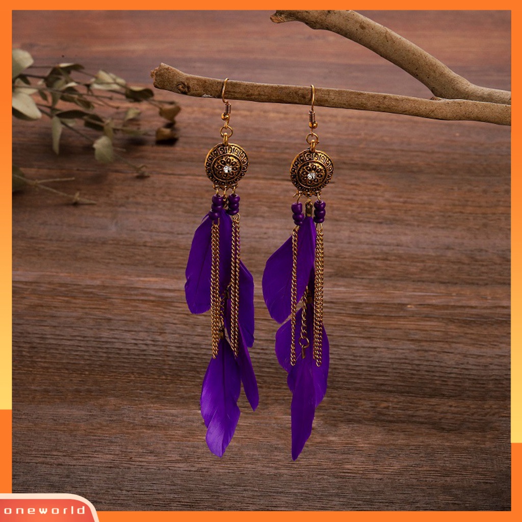 [WOD] 1pasang Anting Menjuntai Bohemian Etnik Vintage Electroplating All-match Dekorasi Hadiah Wanita Panjang Bulu Rantai Rumbai Drop Earrings Perhiasan Untuk Pakaian Sehari-Hari