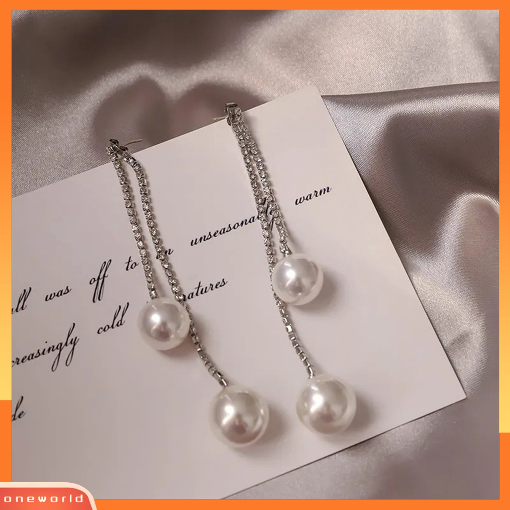 [WOD] 1pasang Anting Menjuntai Berlian Imitasi Mengkilap Hias Berkilau Geometris Anti Luntur Hias Hadiah Hari Valentine Wanita Mutiara Imitasi Panjang Rumbai Stud Earrings Fashion Perhiasan