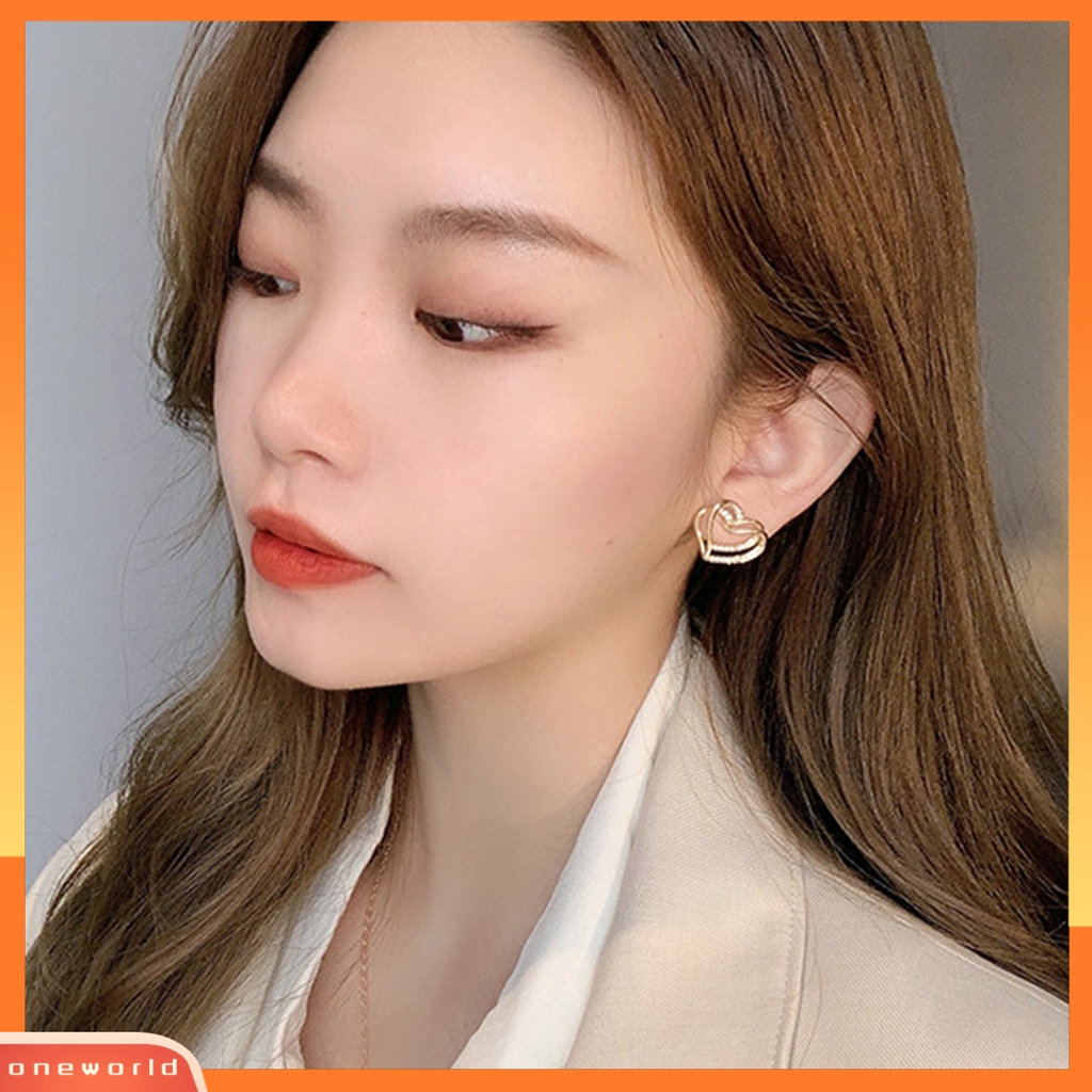 [WOD] 1pasang Lady Stud Earrings Mewah Berlian Imitasi Mengkilap Bentuk Hati Double-layer Bridal Earrings Perhiasan Perempuan