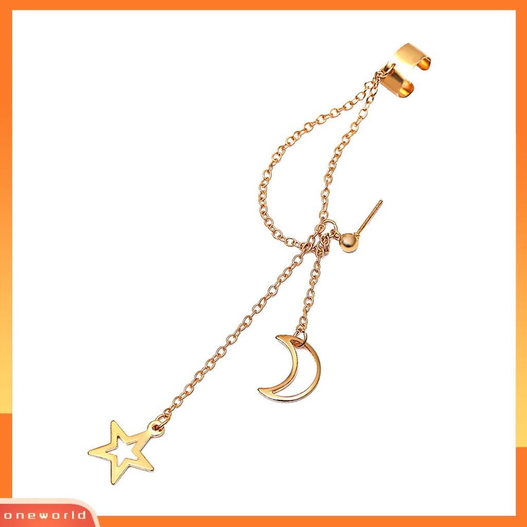 [WOD] 1pc Wanita Klip Anting Warna Solid Stainless Gaya Hip Hop Bentuk Bulan Panjang Rumbai Tulang Rawan Earrings Jewelry