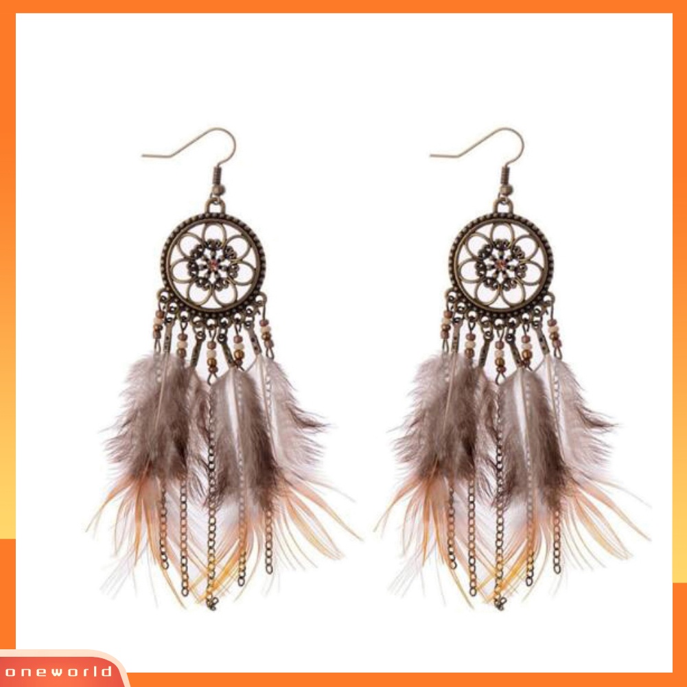 [WOD] Fashion Wanita Dream Catcher Bulu Panjang Menjuntai Kait Anting Rumbai Hadiah