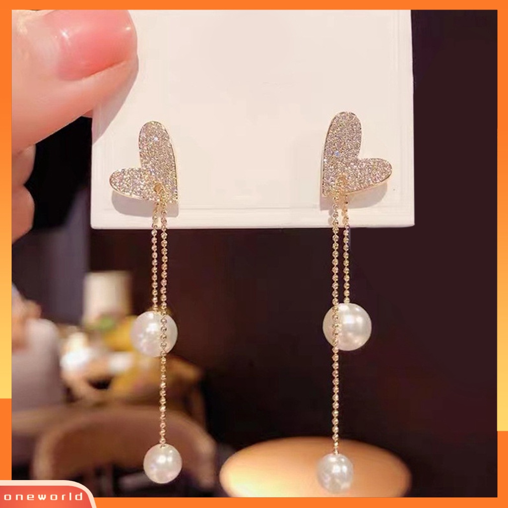 [WOD] Wanita Anting Linier Elegan Berlian Imitasi Mengkilap Bertatahkan Rumbai Panjang Bentuk Hati Drop Earrings Prom Earrings