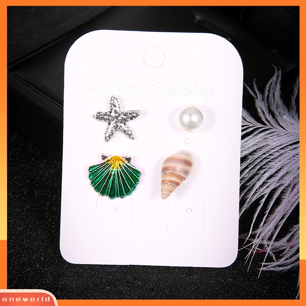 [WOD] 4pcs/set Musim Panas Pantai Bintang Laut Kerang Mutiara Imitasi Wanita Stud Earrings Hadiah