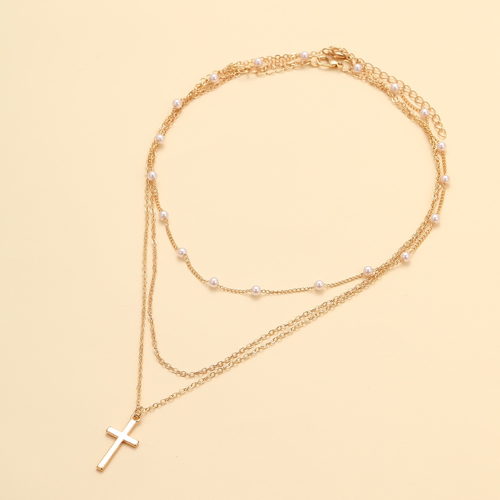 Kalung Liontin Salib Multilayer Lapis Emas Untuk Wanita Choker Rantai Perhiasan Mutiara Simulasi Minimalis