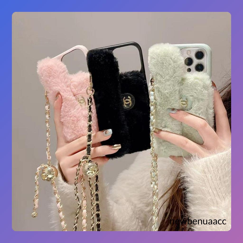 Case Sling Tali Rantai Panjang Softcase FJ12 For Iphone 13 14 14+ Plus 15 Pro Max Handbag Bulu