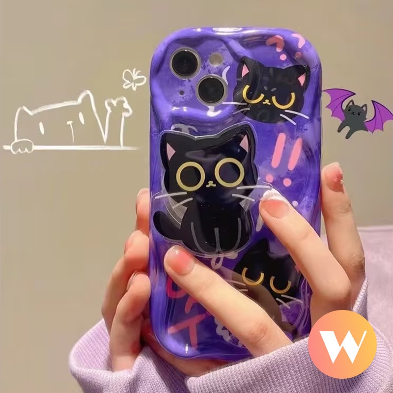 IPHONE Casing Tepi Melengkung Bergelombang 3D Kompatibel Untuk Iphone13 11 12 14 Pro Max7 8 6 6s Plus X XS Max SE 2020xr Lovely Kartun Kucing Lucu Dengan Ponsel Hloder Stand Bracket Soft Case Cover