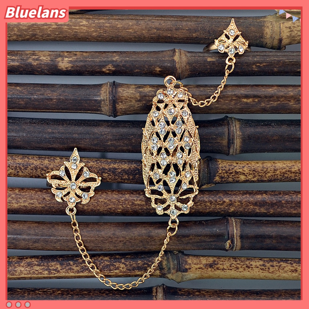 [BLS] Cincin Pembukaan Berlian Imitasi Tertanam Alloy Warna Emas Berlubang-out Leaf Dual Finger Chain Ring Untuk Pacaran